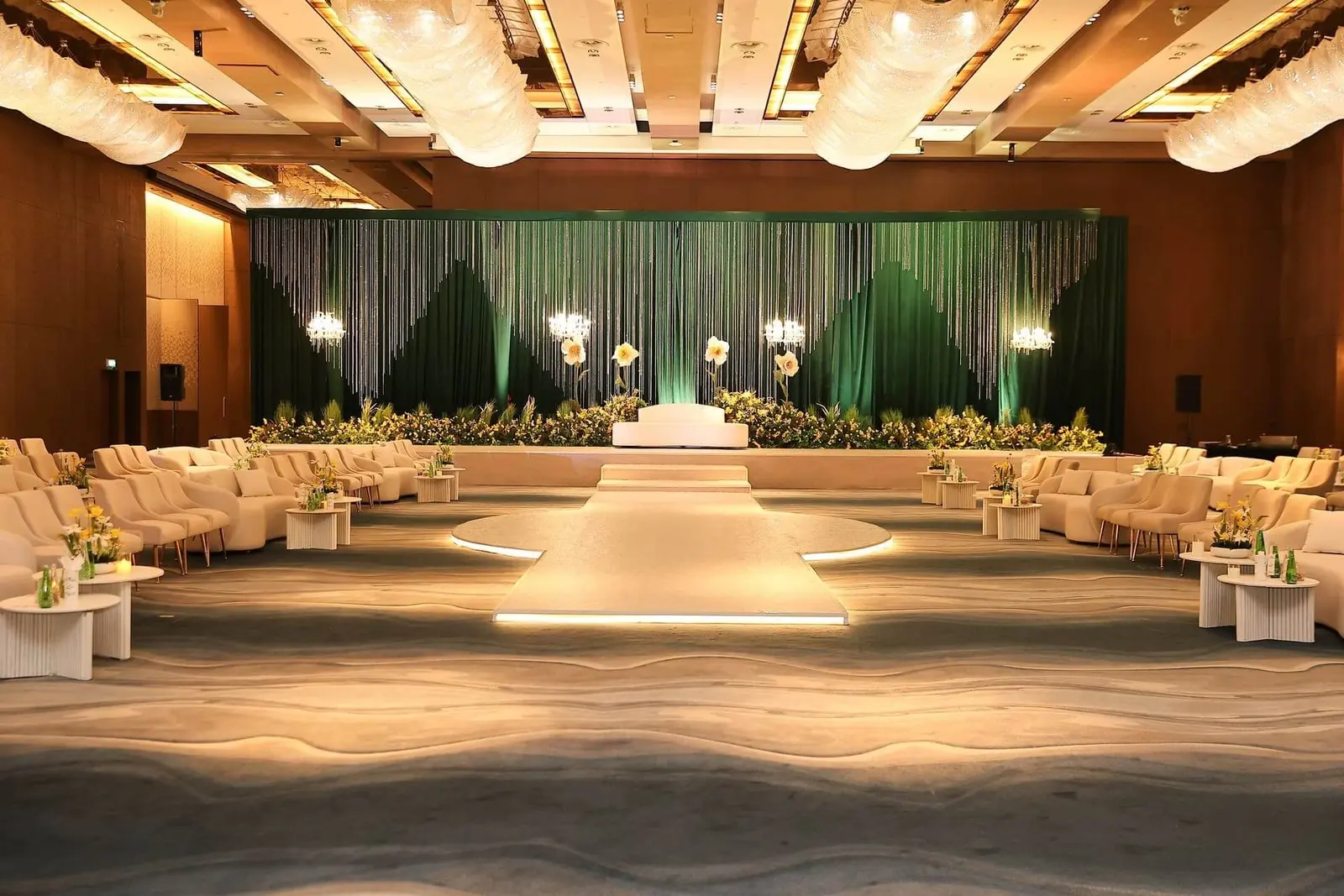 Hall with lounge seating ready for arriving guests