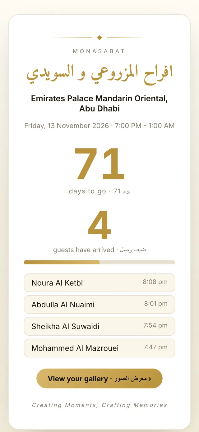 The couple's live portal: countdown, arrivals and RSVP figures